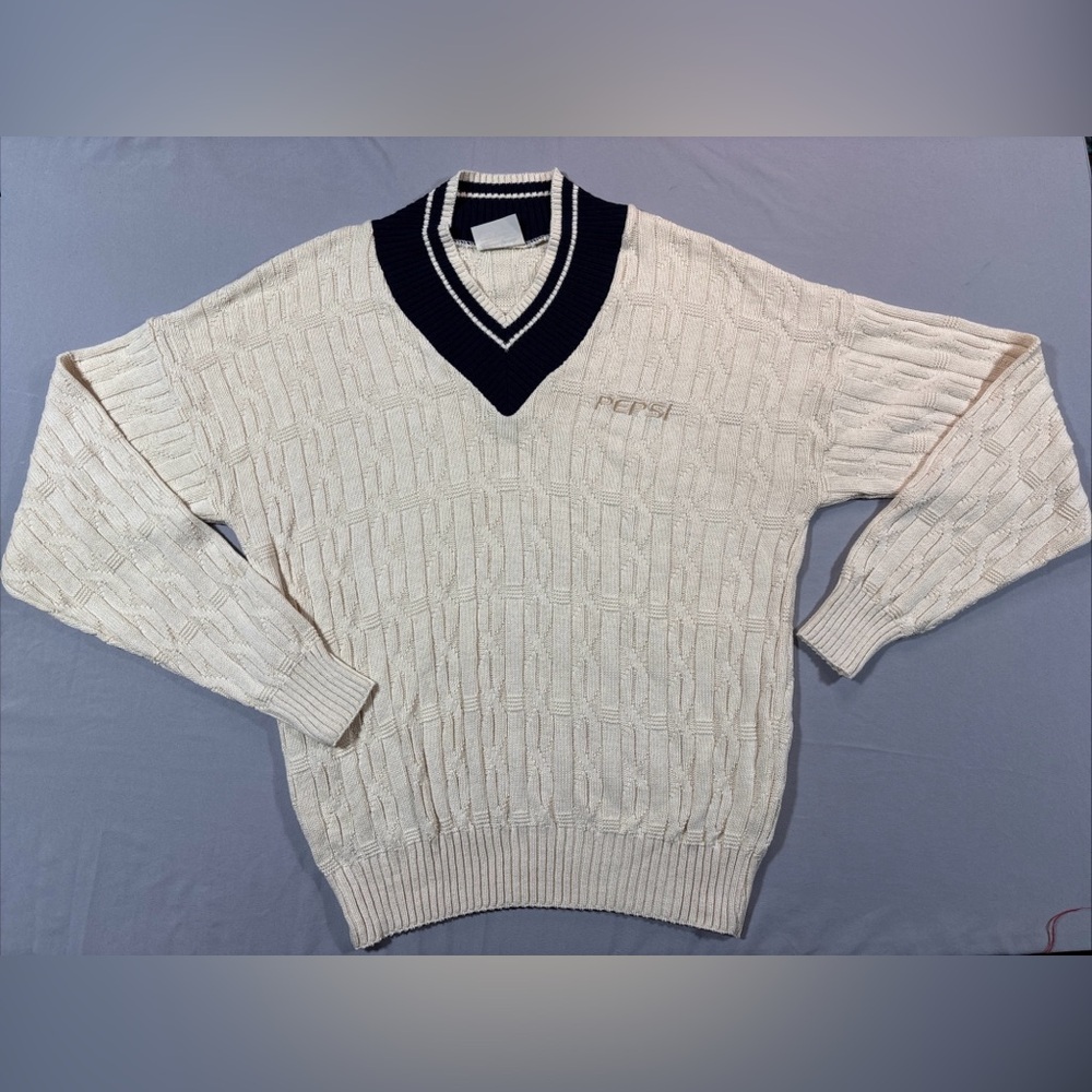 Rare Vintage Pepsi Cricket Sweater Cream/Blue Cotton V-neck L Lattice Stitch